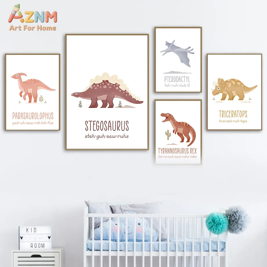 Kids Education Name - AZNM Cute Watercolor Dinosaur Canvas Wall